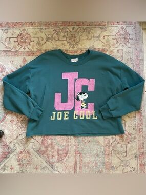 Peanuts Joe Cool Cropped Sweatshirt - Teal with Pink & Yellow